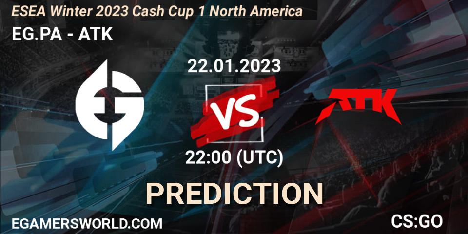 Prognose für das Spiel EG.PA VS ATK. 22.01.2023 at 22:05. Counter-Strike (CS2) - ESEA Cash Cup: North America - Winter 2023 #1