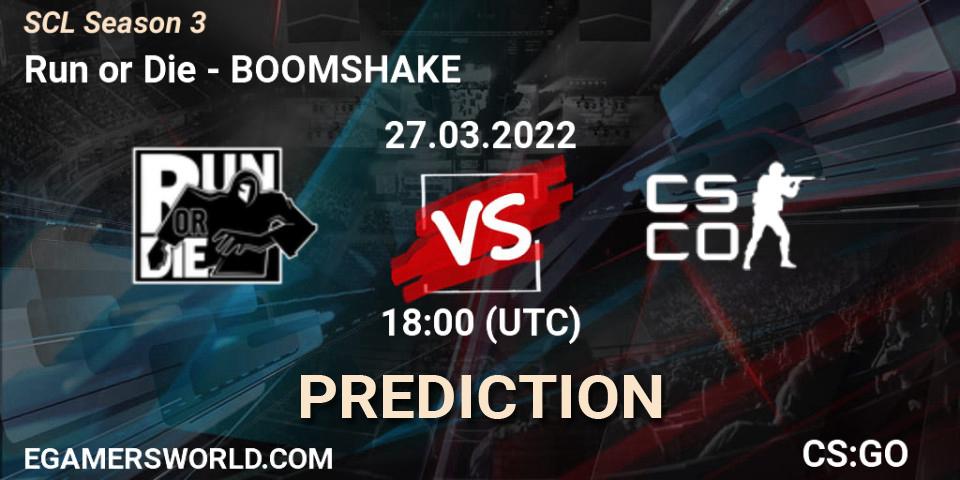 Prognose für das Spiel Run or Die VS BOOMSHAKE. 27.03.2022 at 16:15. Counter-Strike (CS2) - SCL Season 3