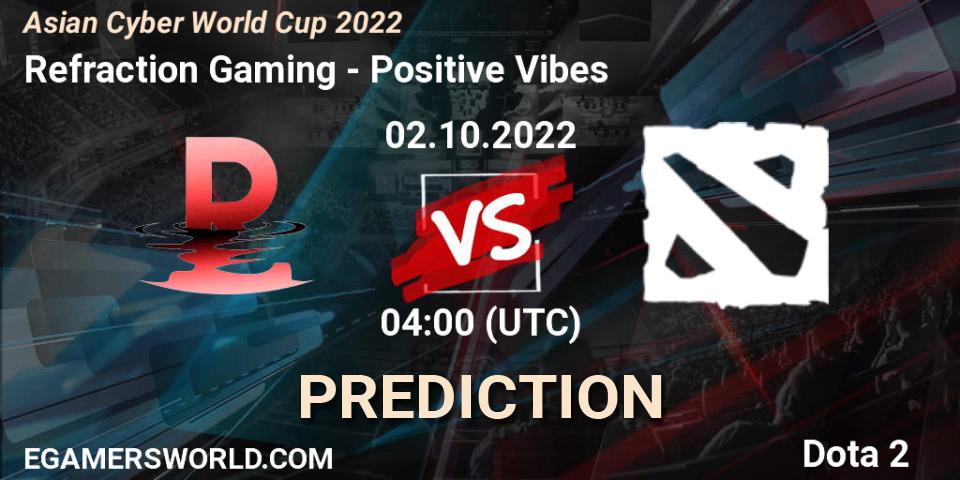Prognose für das Spiel Refraction Gaming VS Positive Vibes. 02.10.2022 at 04:14. Dota 2 - Asian Cyber World Cup 2022