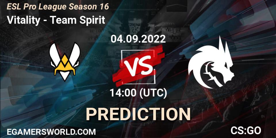 Prognose für das Spiel Vitality VS Team Spirit. 04.09.2022 at 17:30. Counter-Strike (CS2) - ESL Pro League Season 16