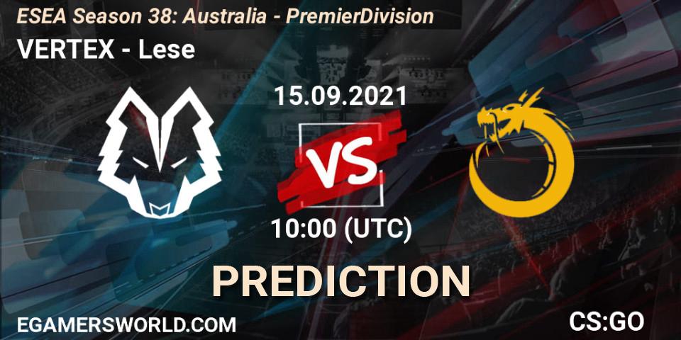 Prognose für das Spiel VERTEX VS Lese. 20.09.2021 at 10:00. Counter-Strike (CS2) - ESEA Season 38: Australia - Premier Division