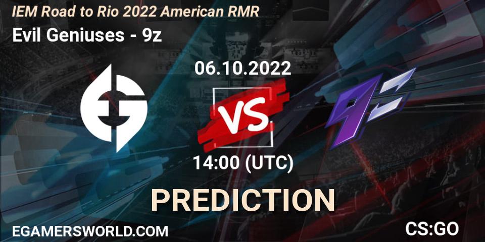 Prognose für das Spiel Evil Geniuses VS 9z. 06.10.2022 at 14:00. Counter-Strike (CS2) - IEM Road to Rio 2022 American RMR