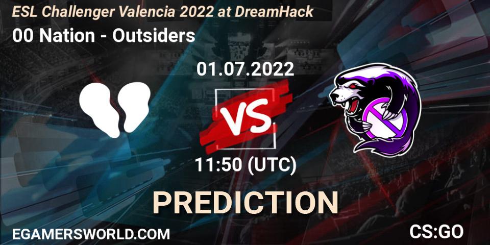 Prognose für das Spiel 00 Nation VS Outsiders. 01.07.2022 at 12:00. Counter-Strike (CS2) - ESL Challenger Valencia 2022 at DreamHack