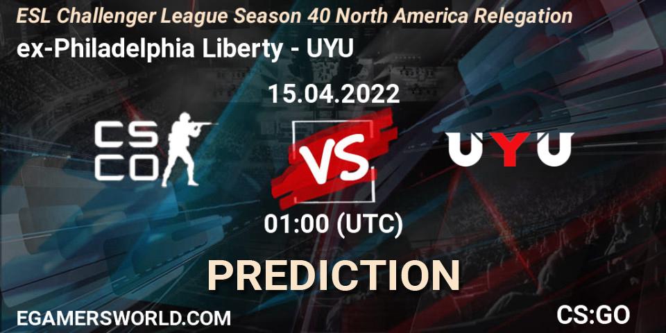 Prognose für das Spiel ex-Philadelphia Liberty VS UYU. 15.04.2022 at 01:00. Counter-Strike (CS2) - ESL Challenger League Season 40 North America Relegation