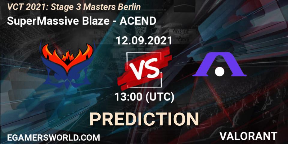 Prognose für das Spiel SuperMassive Blaze VS ACEND. 10.09.2021 at 13:00. VALORANT - VCT 2021: Stage 3 Masters Berlin