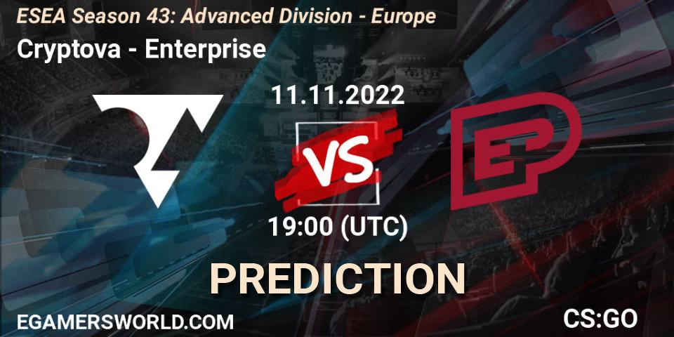Prognose für das Spiel Cryptova VS Enterprise. 11.11.2022 at 19:00. Counter-Strike (CS2) - ESEA Season 43: Advanced Division - Europe