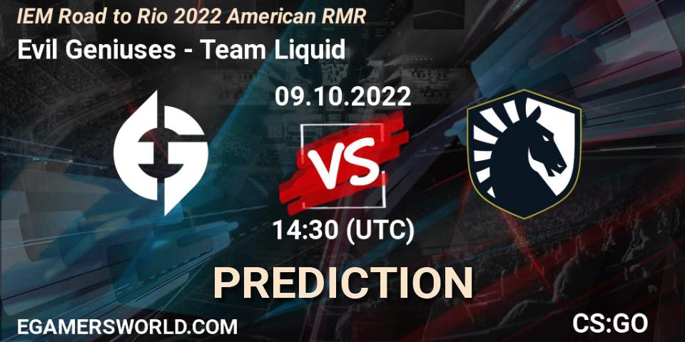 Prognose für das Spiel Evil Geniuses VS Team Liquid. 09.10.2022 at 14:30. Counter-Strike (CS2) - IEM Road to Rio 2022 American RMR