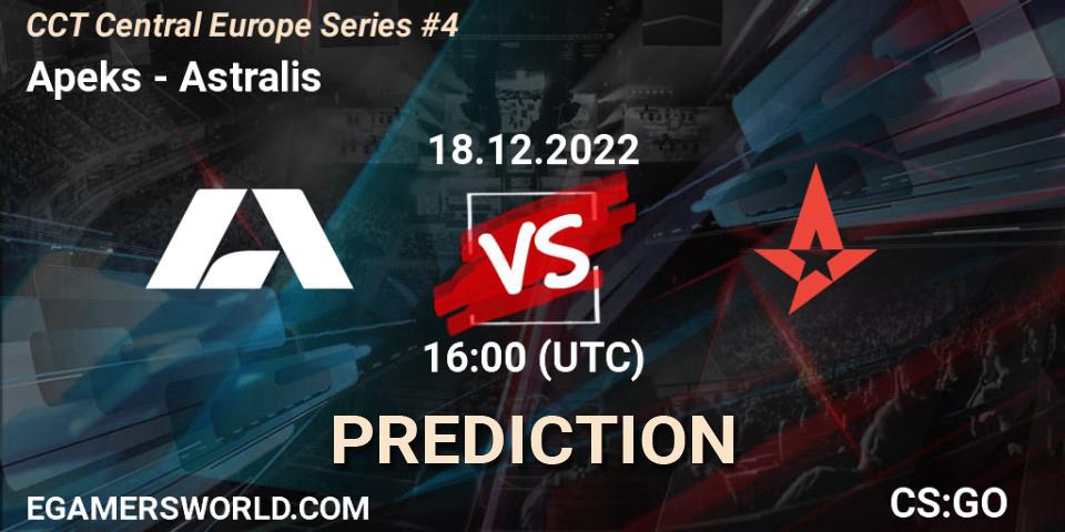 Prognose für das Spiel Apeks VS Astralis. 18.12.2022 at 15:15. Counter-Strike (CS2) - CCT Central Europe Series #4