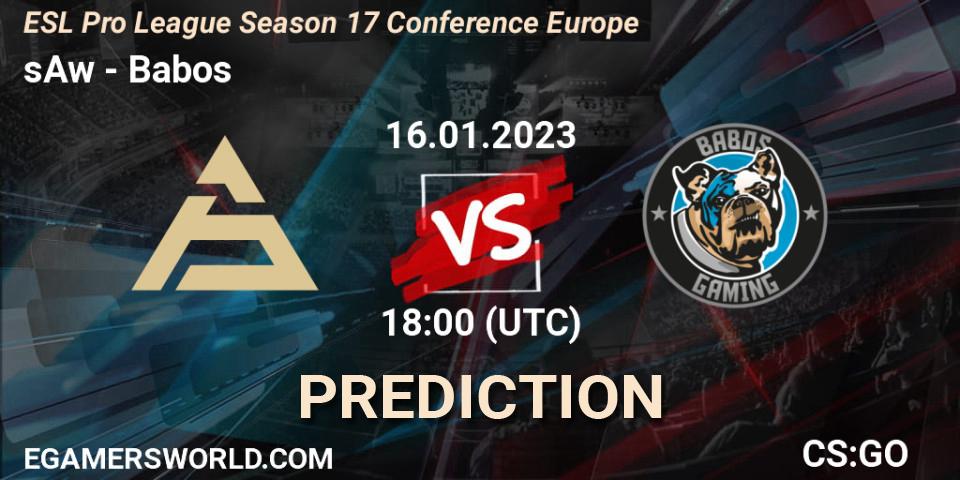 Prognose für das Spiel sAw VS Babos. 16.01.2023 at 19:30. Counter-Strike (CS2) - ESL Pro League Season 17 Conference Europe