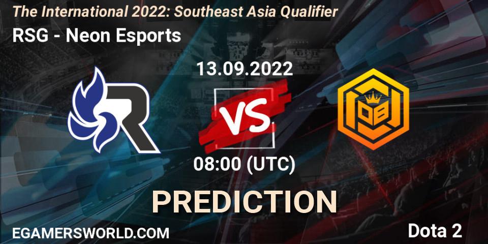 Prognose für das Spiel RSG VS Neon Esports. 13.09.2022 at 07:19. Dota 2 - The International 2022: Southeast Asia Qualifier