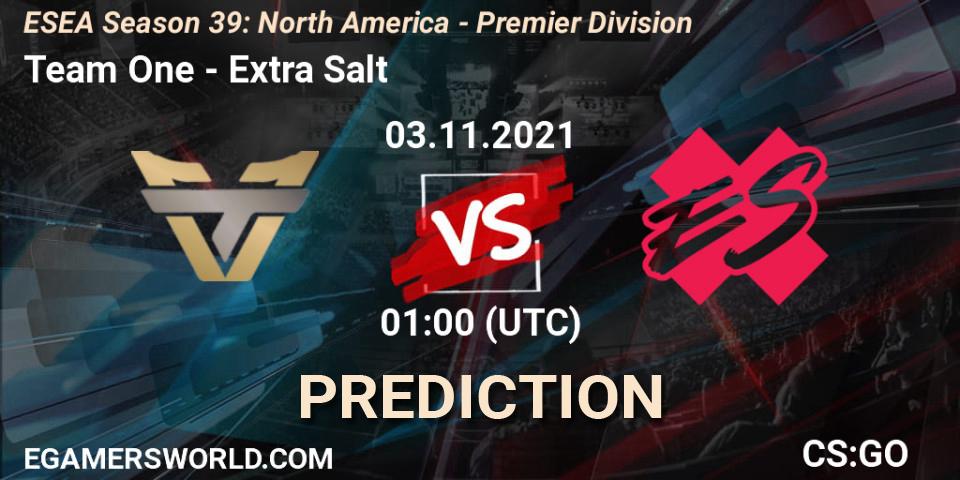 Prognose für das Spiel Team One VS Extra Salt. 03.11.2021 at 00:00. Counter-Strike (CS2) - ESEA Season 39: North America - Premier Division