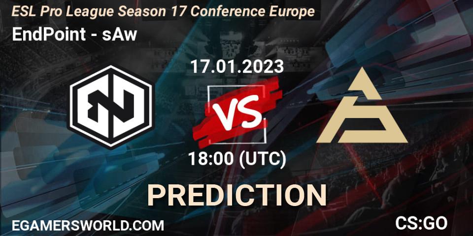 Prognose für das Spiel EndPoint VS sAw. 17.01.2023 at 18:00. Counter-Strike (CS2) - ESL Pro League Season 17 Conference Europe