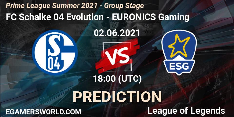 Prognose für das Spiel FC Schalke 04 Evolution VS EURONICS Gaming. 02.06.2021 at 17:00. LoL - Prime League Summer 2021 - Group Stage