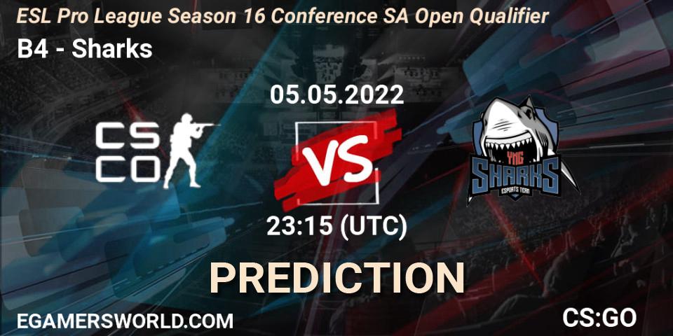 Prognose für das Spiel B4 VS Sharks. 06.05.2022 at 20:00. Counter-Strike (CS2) - ESL Pro League Season 16 Conference SA Open Qualifier