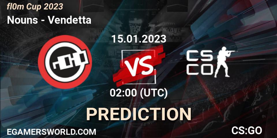 Prognose für das Spiel Nouns VS Vendetta. 15.01.2023 at 02:00. Counter-Strike (CS2) - fl0m Cup 2023