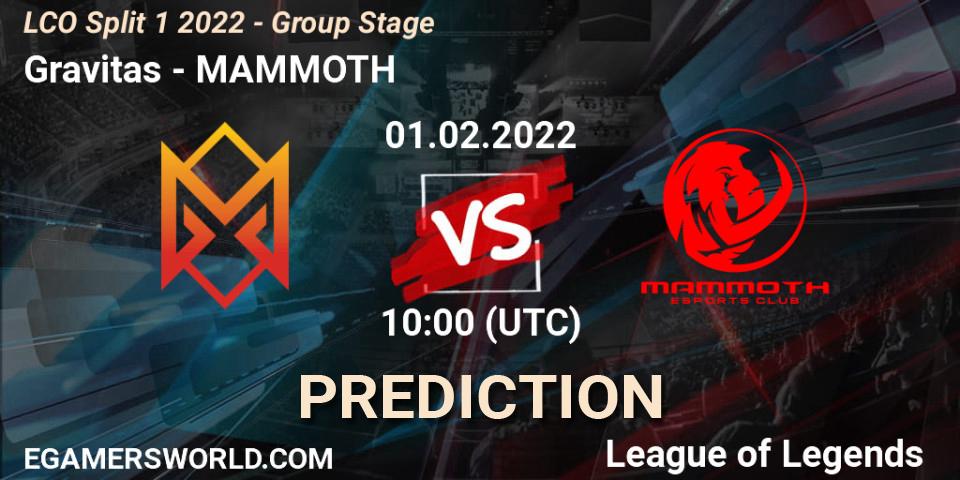 Prognose für das Spiel Gravitas VS MAMMOTH. 01.02.2022 at 10:00. LoL - LCO Split 1 2022 - Group Stage 