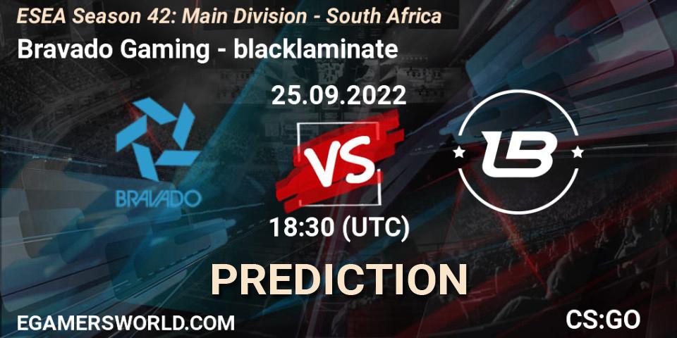 Prognose für das Spiel Bravado Gaming VS blacklaminate. 26.09.2022 at 17:30. Counter-Strike (CS2) - ESEA Season 42: Main Division - South Africa