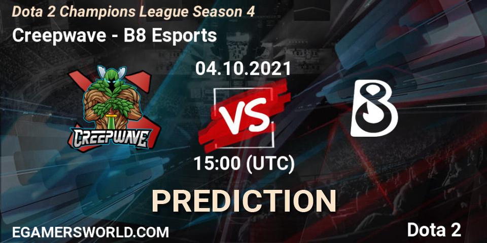 Prognose für das Spiel Creepwave VS B8 Esports. 04.10.2021 at 15:06. Dota 2 - Dota 2 Champions League Season 4