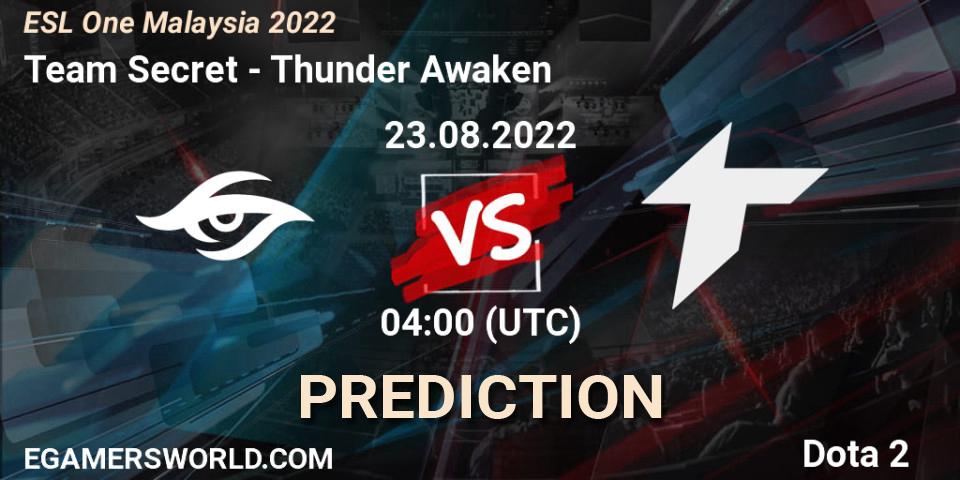 Prognose für das Spiel Team Secret VS Thunder Awaken. 23.08.2022 at 04:00. Dota 2 - ESL One Malaysia 2022