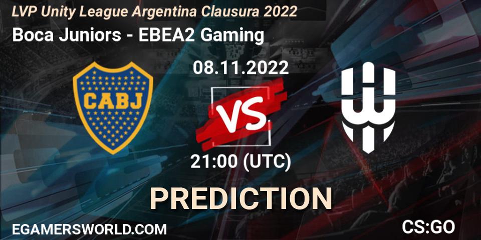 Prognose für das Spiel Boca Juniors VS EBEA2 Gaming. 08.11.2022 at 21:00. Counter-Strike (CS2) - LVP Unity League Argentina Clausura 2022