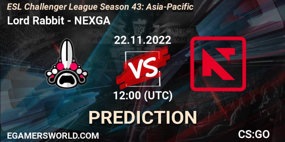 Prognose für das Spiel Lord Rabbit VS NEXGA. 22.11.2022 at 12:00. Counter-Strike (CS2) - ESL Challenger League Season 43: Asia-Pacific