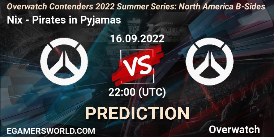 Prognose für das Spiel Nix VS Pirates in Pyjamas. 16.09.2022 at 23:00. Overwatch - Overwatch Contenders 2022 Summer Series: North America B-Sides