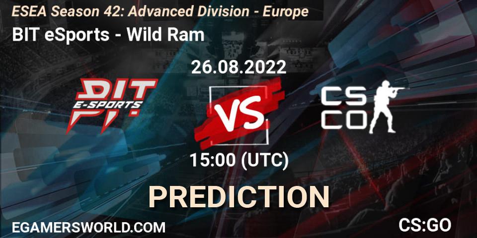 Prognose für das Spiel BIT eSports VS Wild Ram. 26.08.2022 at 15:00. Counter-Strike (CS2) - ESEA Season 42: Advanced Division - Europe