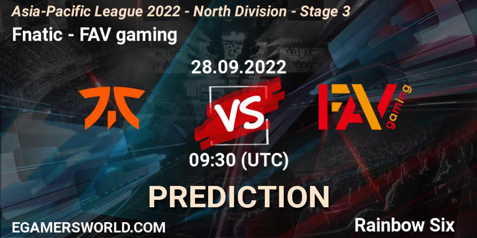 Prognose für das Spiel Fnatic VS FAV gaming. 28.09.2022 at 09:30. Rainbow Six - Asia-Pacific League 2022 - North Division - Stage 3