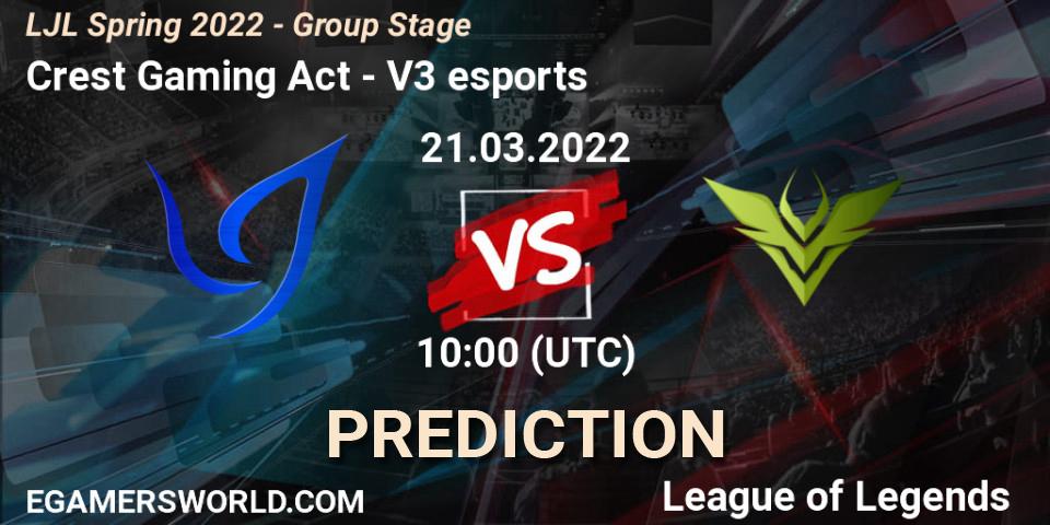 Prognose für das Spiel Crest Gaming Act VS V3 esports. 21.03.2022 at 10:00. LoL - LJL Spring 2022 - Group Stage