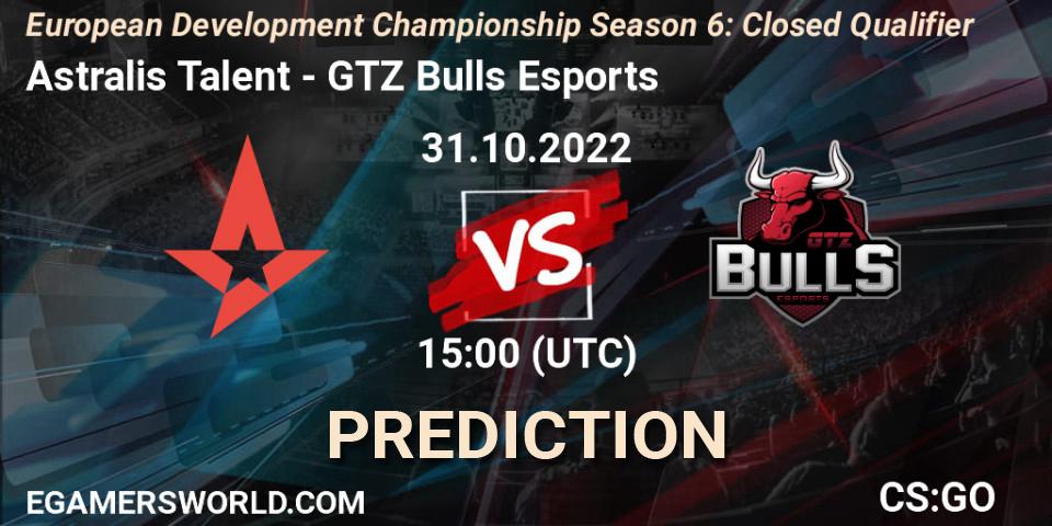 Prognose für das Spiel Astralis Talent VS GTZ Bulls Esports. 31.10.2022 at 15:00. Counter-Strike (CS2) - European Development Championship Season 6: Closed Qualifier