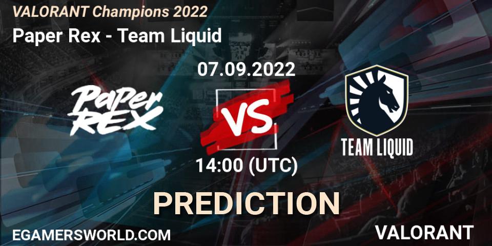 Prognose für das Spiel Paper Rex VS Team Liquid. 07.09.2022 at 14:15. VALORANT - VALORANT Champions 2022