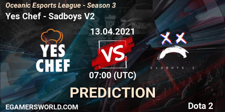 Prognose für das Spiel Yes Chef VS Sadboys V2. 13.04.2021 at 08:01. Dota 2 - Oceanic Esports League - Season 3