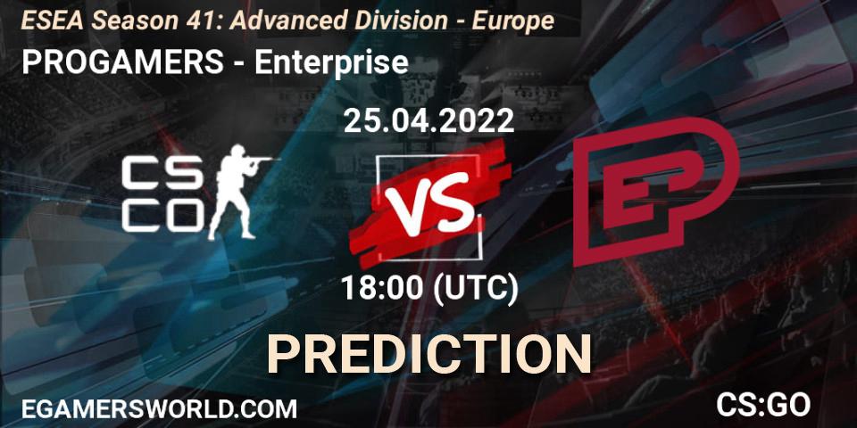 Prognose für das Spiel ProGamers VS Enterprise. 25.04.2022 at 18:00. Counter-Strike (CS2) - ESEA Season 41: Advanced Division - Europe