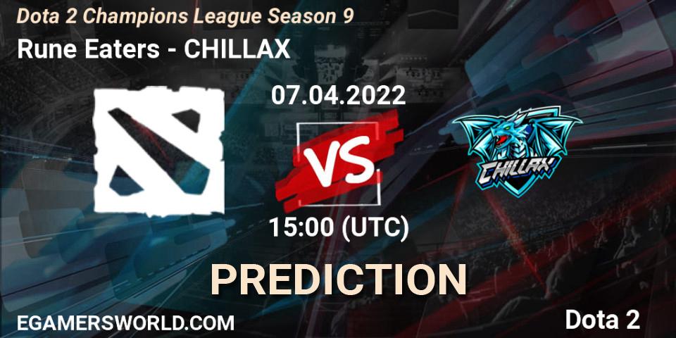 Prognose für das Spiel Rune Eaters VS CHILLAX. 07.04.2022 at 17:15. Dota 2 - Dota 2 Champions League Season 9