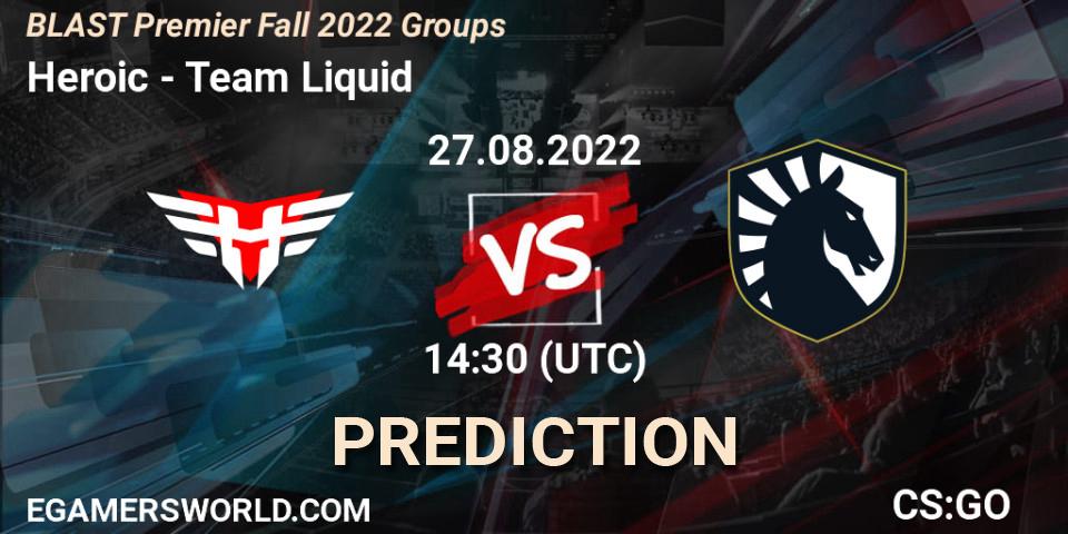 Prognose für das Spiel Heroic VS Team Liquid. 27.08.2022 at 14:30. Counter-Strike (CS2) - BLAST Premier Fall 2022 Groups