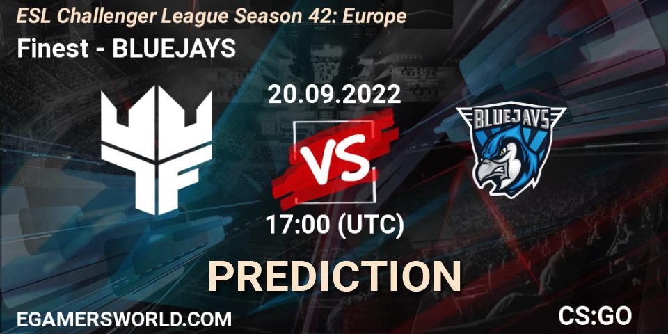 Prognose für das Spiel Finest VS BLUEJAYS. 20.09.2022 at 17:00. Counter-Strike (CS2) - ESL Challenger League Season 42: Europe