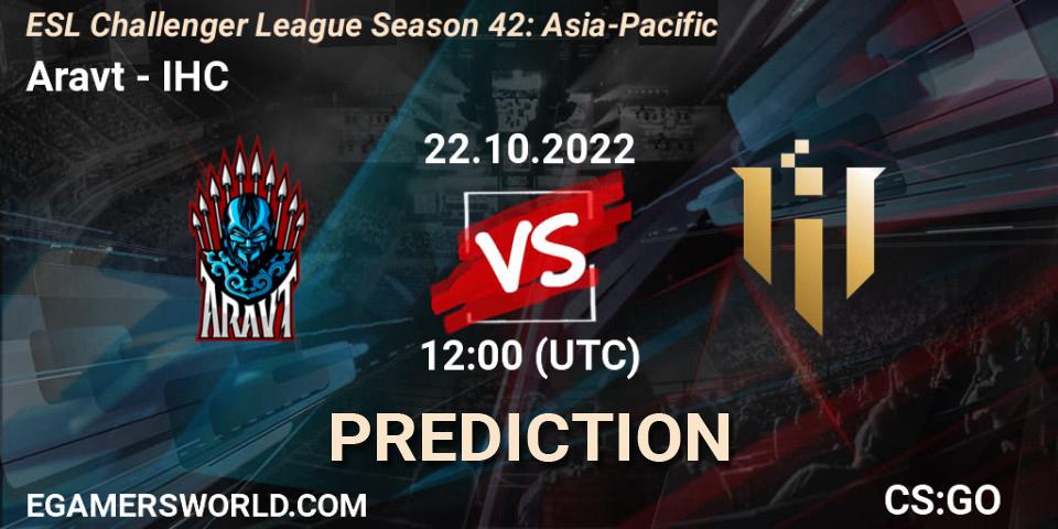 Prognose für das Spiel Aravt VS IHC. 22.10.2022 at 12:00. Counter-Strike (CS2) - ESL Challenger League Season 42: Asia-Pacific