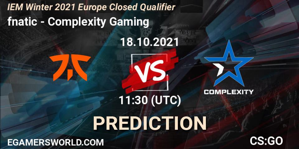 Prognose für das Spiel fnatic VS Complexity Gaming. 18.10.2021 at 11:30. Counter-Strike (CS2) - IEM Winter 2021 Europe Closed Qualifier