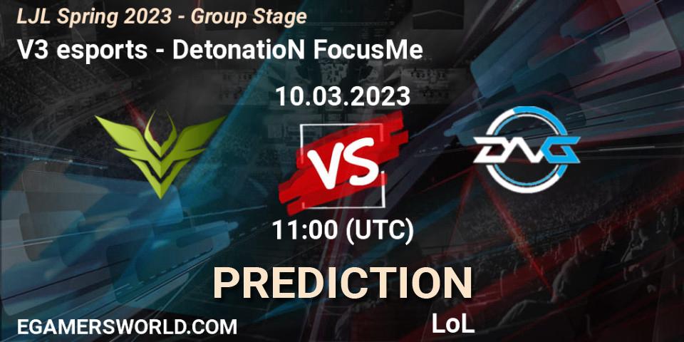 Prognose für das Spiel V3 esports VS DetonatioN FocusMe. 10.03.23. LoL - LJL Spring 2023 - Group Stage
