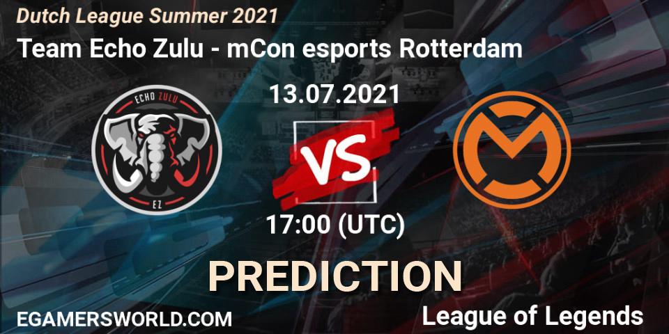 Prognose für das Spiel Team Echo Zulu VS mCon esports Rotterdam. 15.06.2021 at 20:15. LoL - Dutch League Summer 2021