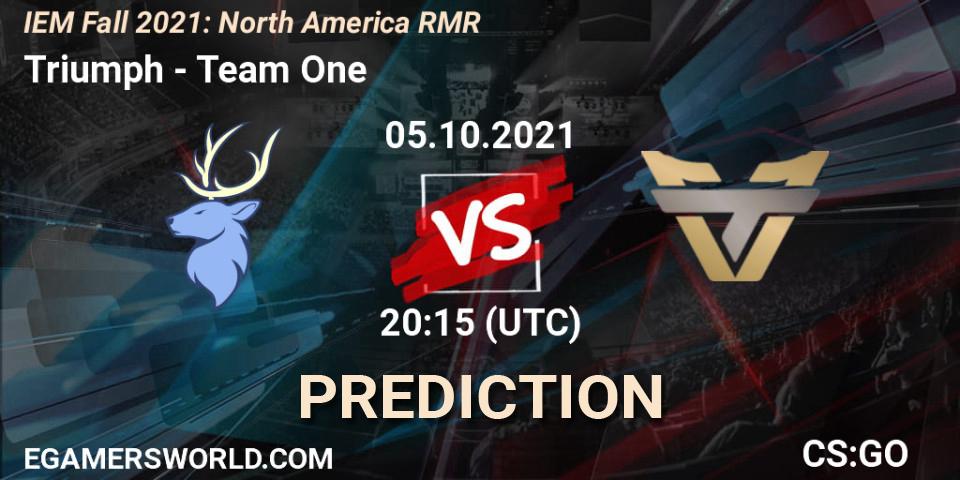 Prognose für das Spiel Triumph VS Team One. 05.10.2021 at 20:45. Counter-Strike (CS2) - IEM Fall 2021: North America RMR