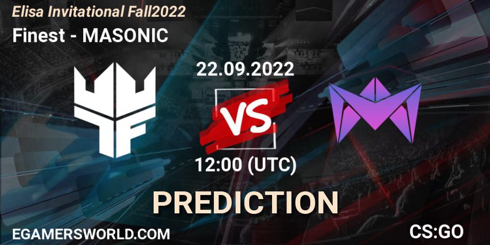 Prognose für das Spiel Finest VS MASONIC. 22.09.2022 at 12:00. Counter-Strike (CS2) - Elisa Invitational Fall 2022