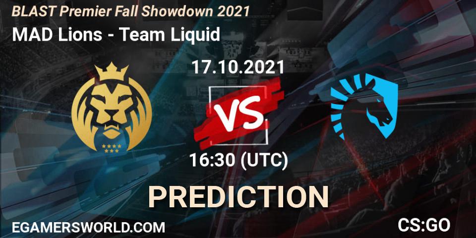Prognose für das Spiel MAD Lions VS Team Liquid. 17.10.2021 at 16:20. Counter-Strike (CS2) - BLAST Premier Fall Showdown 2021