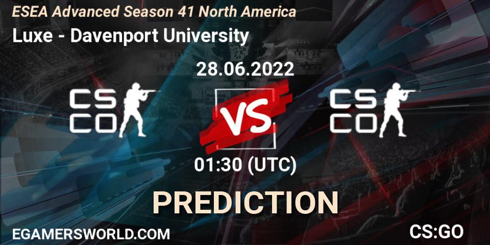 Prognose für das Spiel Luxe VS Davenport University. 28.06.2022 at 02:00. Counter-Strike (CS2) - ESEA Advanced Season 41 North America