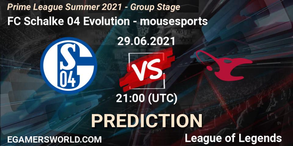 Prognose für das Spiel FC Schalke 04 Evolution VS mousesports. 29.06.2021 at 16:00. LoL - Prime League Summer 2021 - Group Stage
