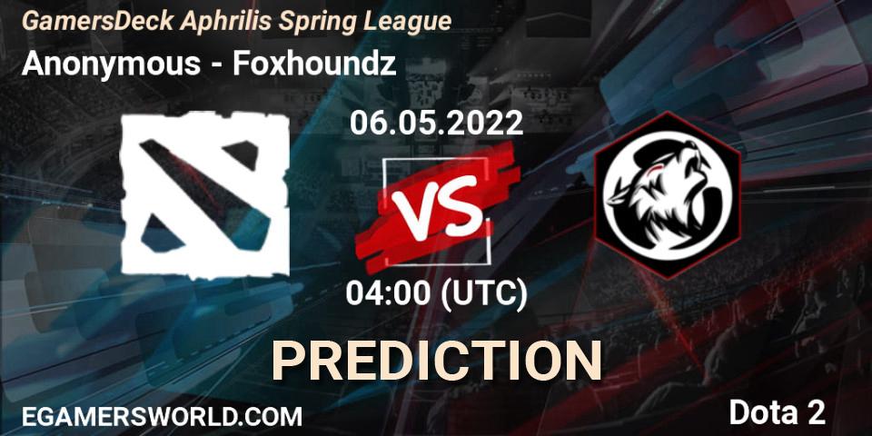 Prognose für das Spiel Anonymous VS Foxhoundz. 06.05.2022 at 03:48. Dota 2 - GamersDeck Aphrilis Spring League