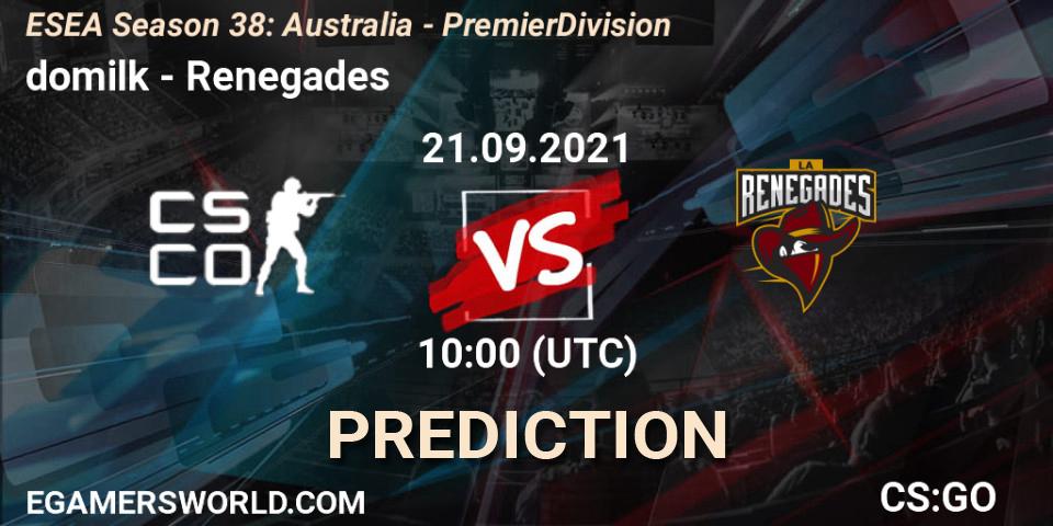 Prognose für das Spiel domilk VS Renegades. 21.09.2021 at 10:00. Counter-Strike (CS2) - ESEA Season 38: Australia - Premier Division
