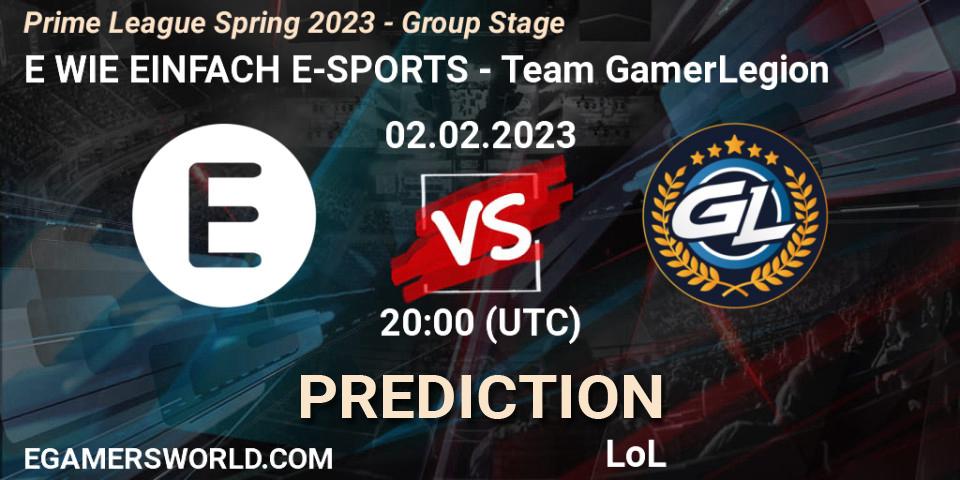 Prognose für das Spiel E WIE EINFACH E-SPORTS VS Team GamerLegion. 02.02.2023 at 18:00. LoL - Prime League Spring 2023 - Group Stage