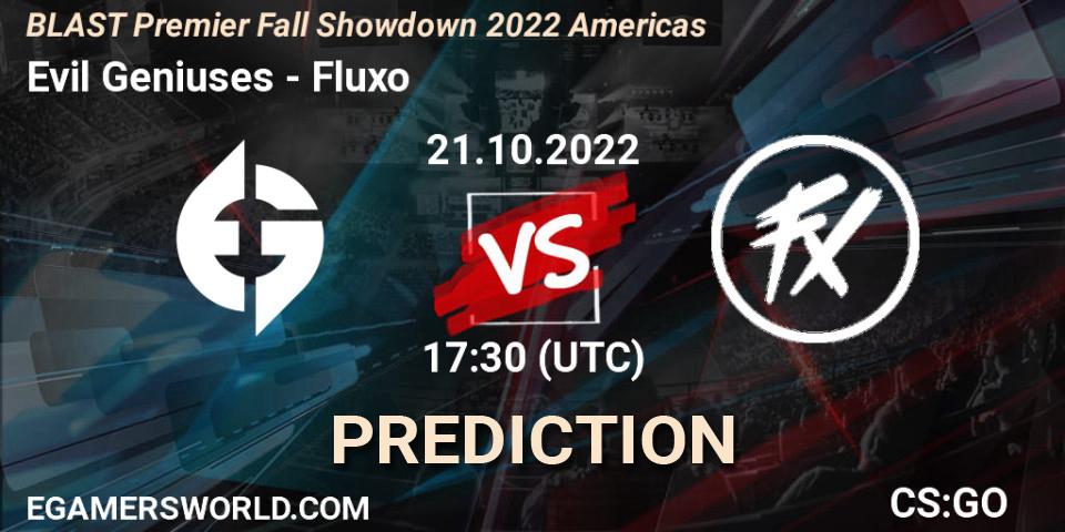 Prognose für das Spiel Evil Geniuses VS Fluxo. 21.10.2022 at 18:20. Counter-Strike (CS2) - BLAST Premier Fall Showdown 2022 Americas