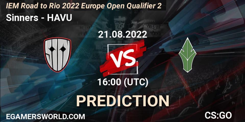 Prognose für das Spiel Sinners VS HAVU. 21.08.2022 at 16:10. Counter-Strike (CS2) - IEM Road to Rio 2022 Europe Open Qualifier 2